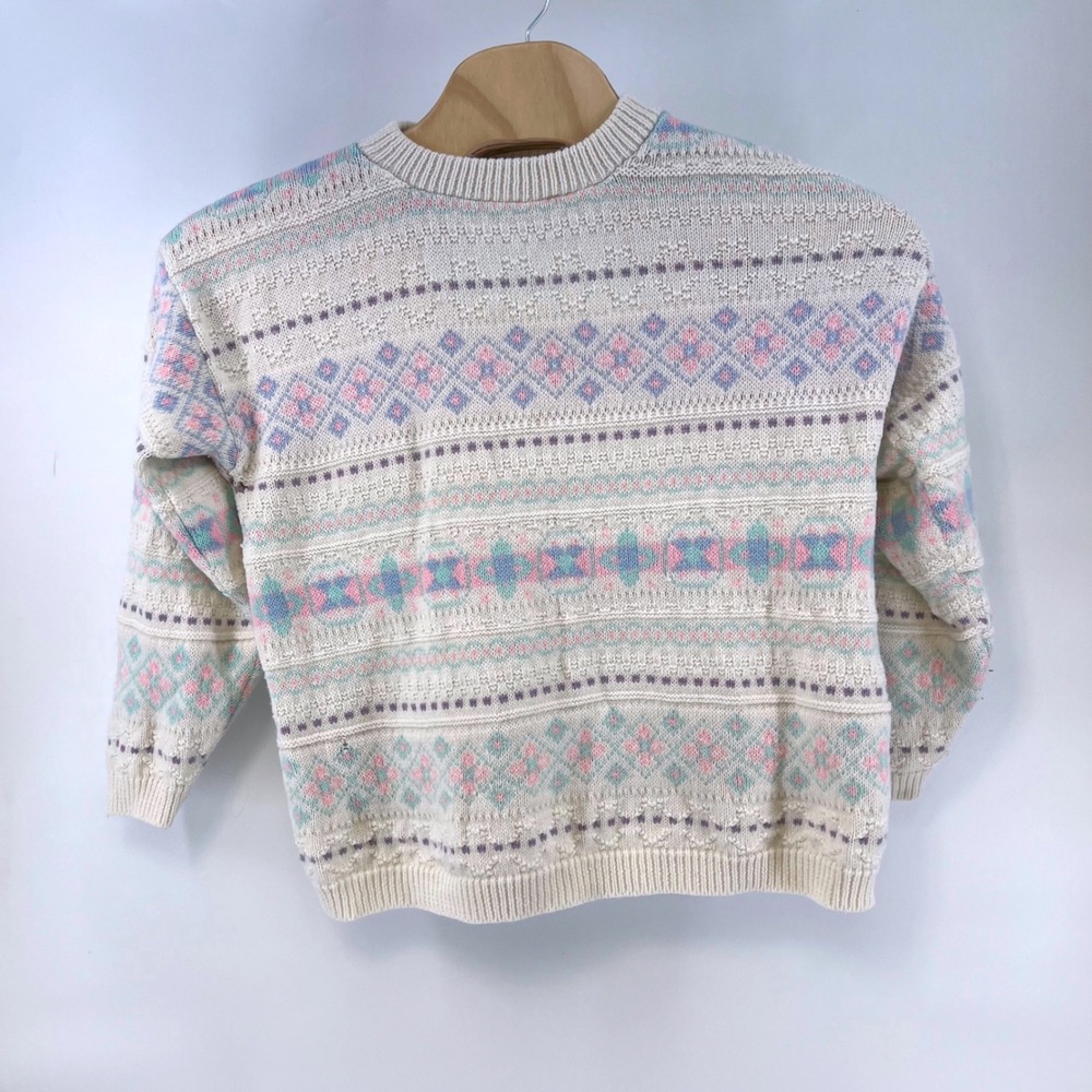 Vintage Sweaters by Jolie Pastel Geometric Knit Crewneck Sweater Ivory Pink Blue - Picture 2 of 8